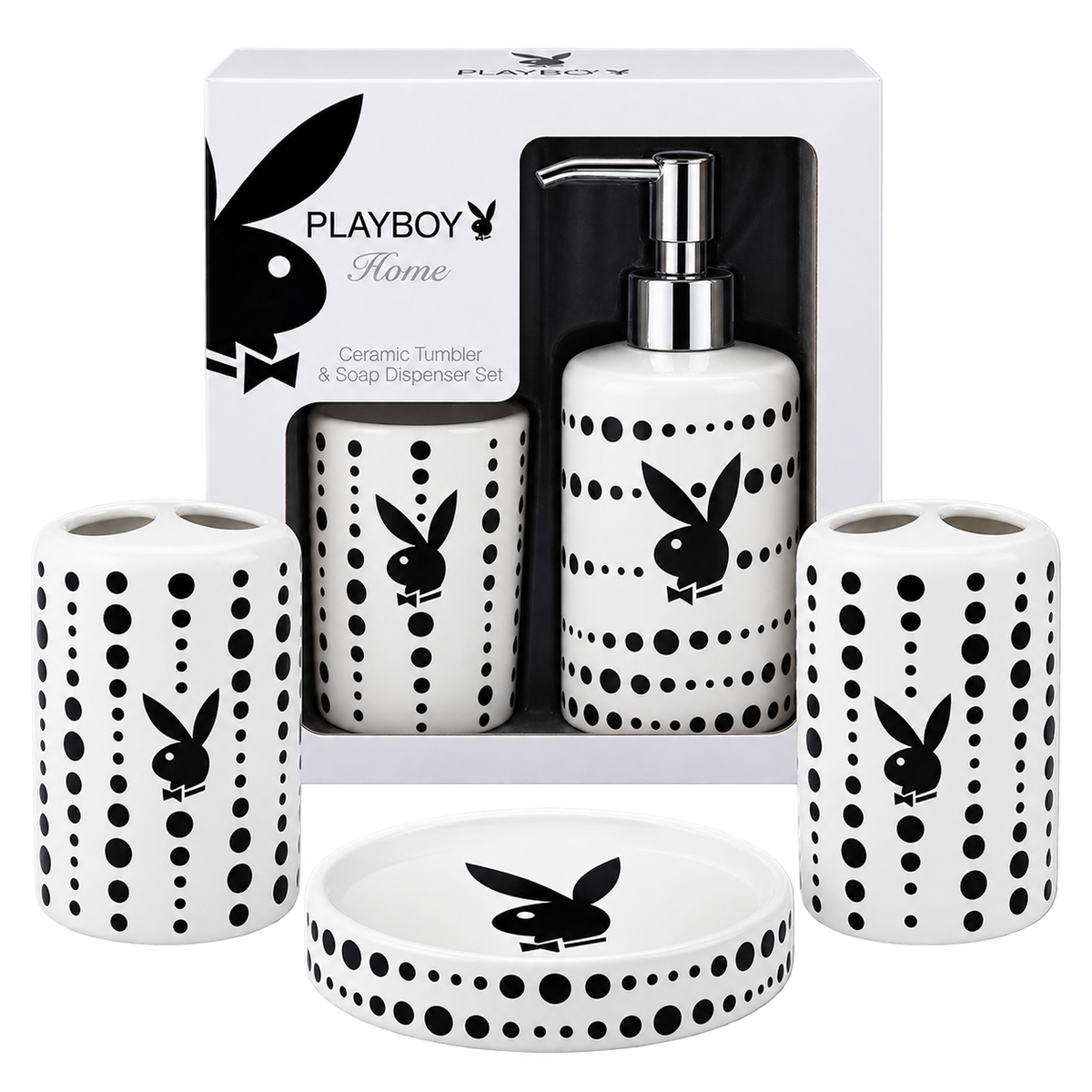 Rare Vintage Playboy Soap Dispenser & Cup Bath Set, Polka Dot, Black Bunny Head