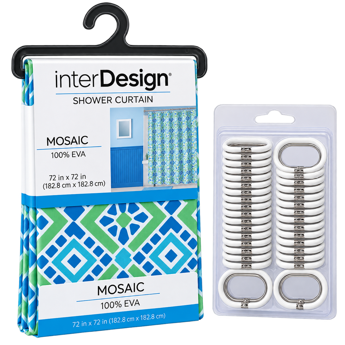 InterDesign Mosaic EVA Shower Curtain and white plastic shower curtain rings.