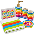 Hermosa Collection Colorful Striped Ceramic Kids Bathroom Accessories & Towel Bundle