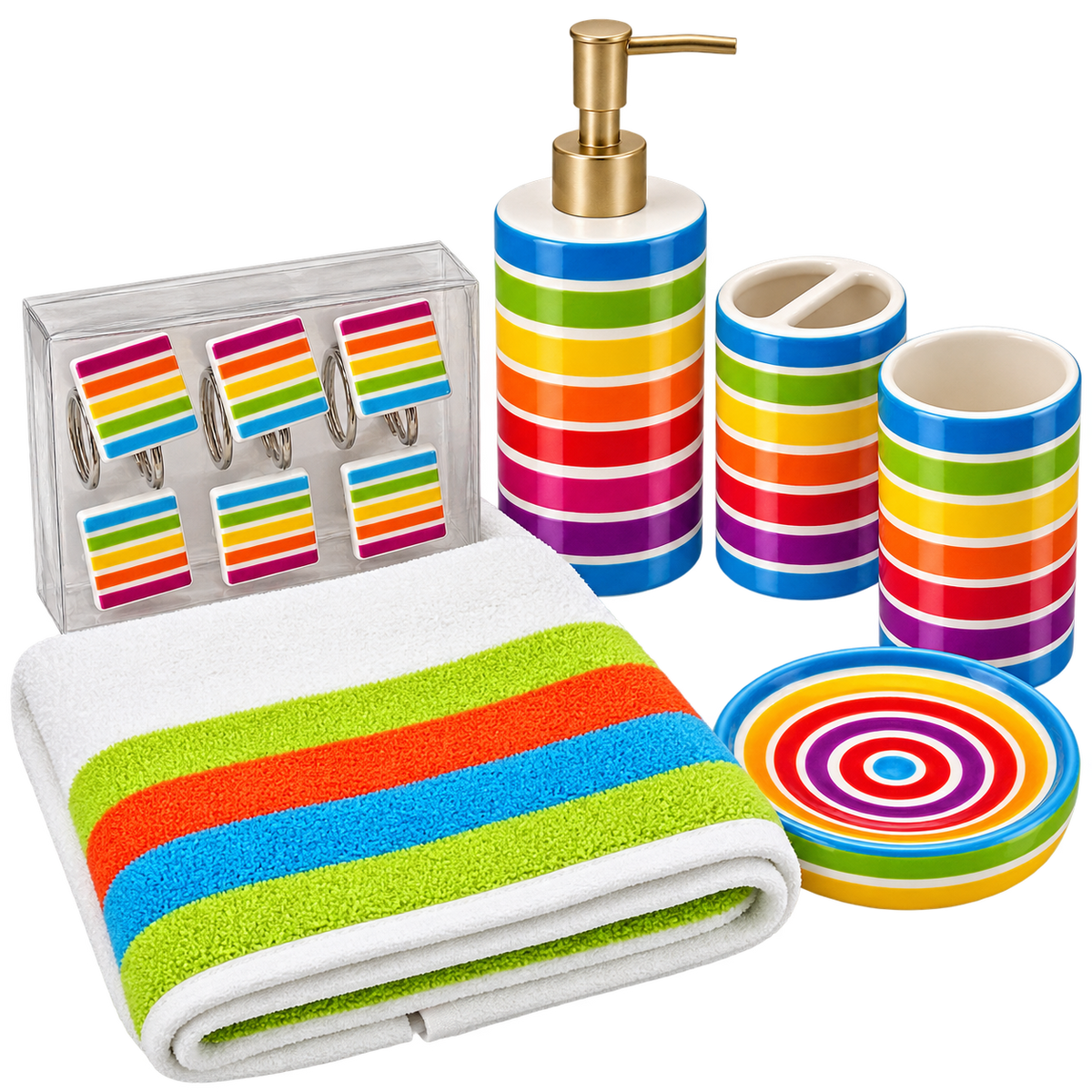 Hermosa Collection Colorful Striped Ceramic Kids Bathroom Accessories & Towel Bundle