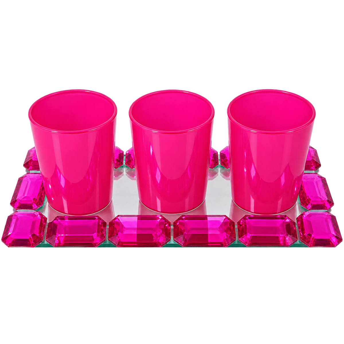Glam Magenta Pink Glass Tealight Candle Holder Set with a Matching Jewel-Bordered Mirrored Tray