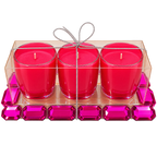 Glam Magenta Pink Glass Tealight Candle Holder Set with a Matching Jewel-Bordered Mirrored Tray