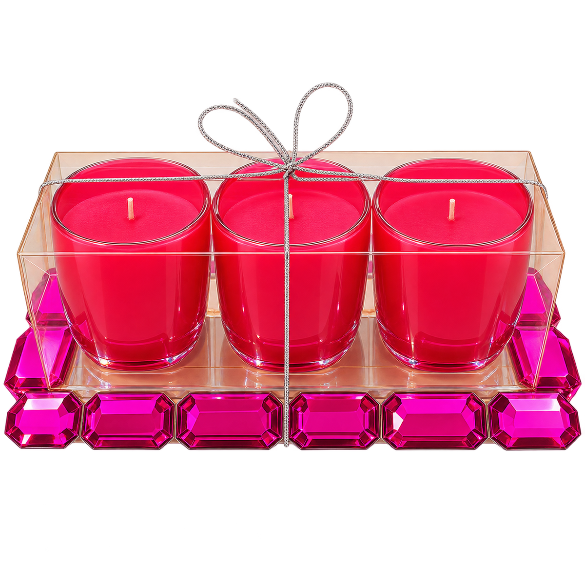 Glam Magenta Pink Glass Tealight Candle Holder Set with a Matching Jewel-Bordered Mirrored Tray