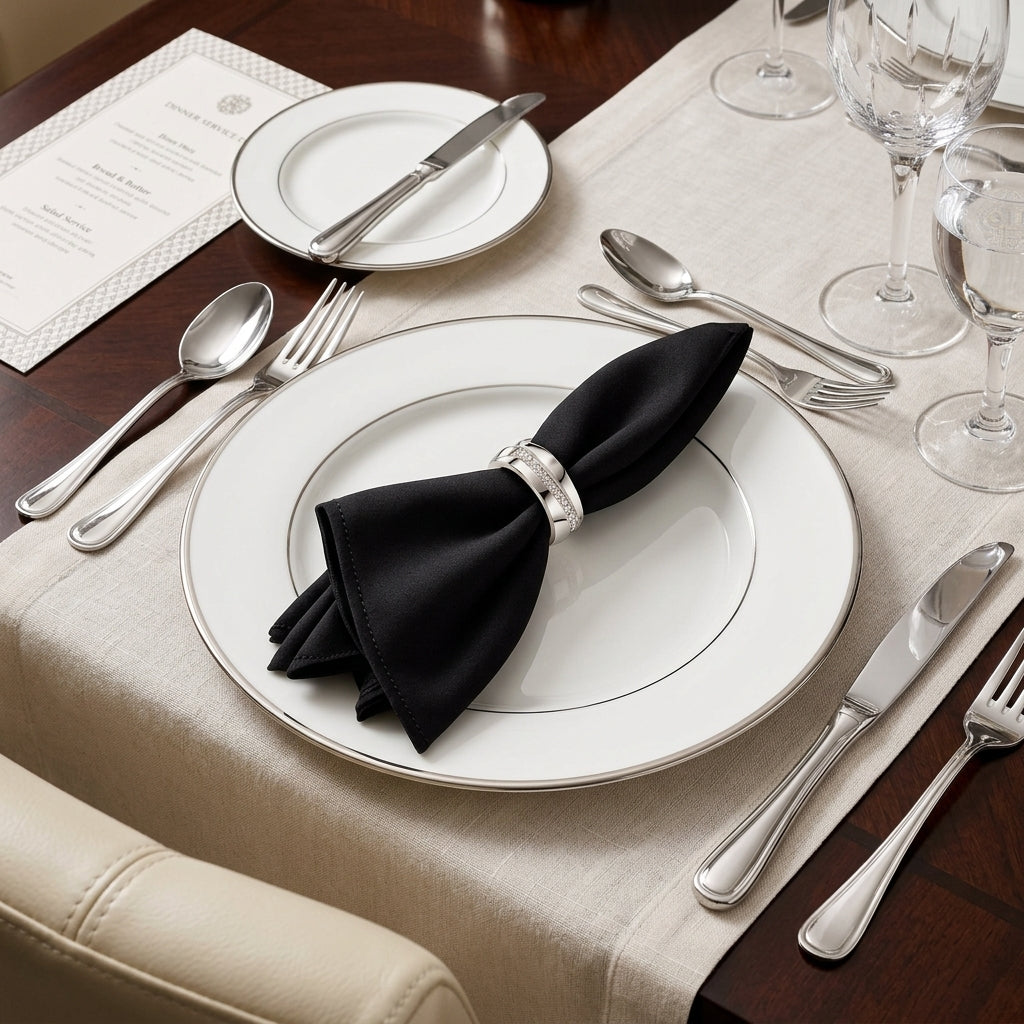 Rhinestone Silver Napkin Ring & Black Linen Set