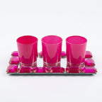 Glam Magenta Pink Glass Tealight Candle Holder Set with a Matching Jewel-Bordered Mirrored Tray