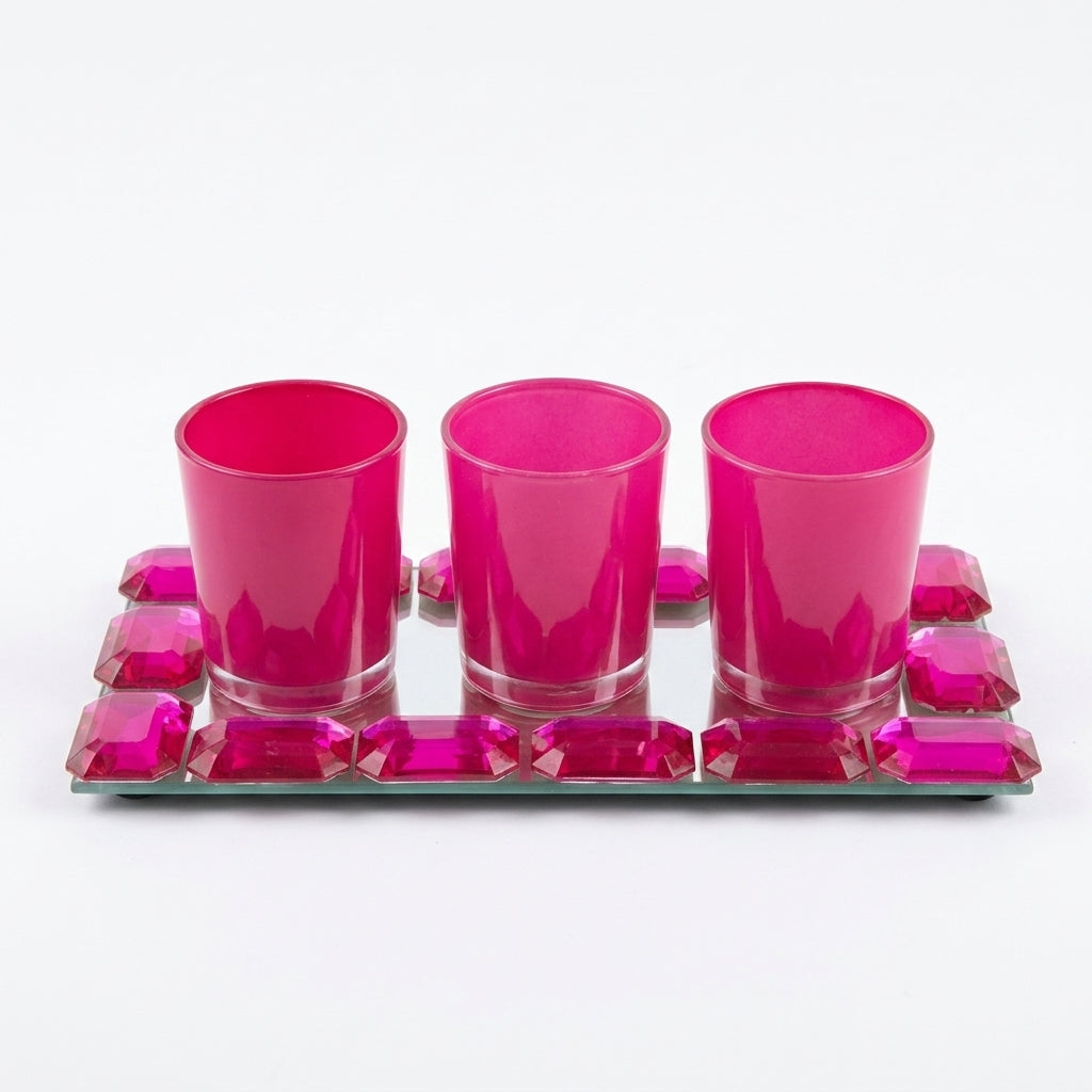 Glam Magenta Pink Glass Tealight Candle Holder Set with a Matching Jewel-Bordered Mirrored Tray
