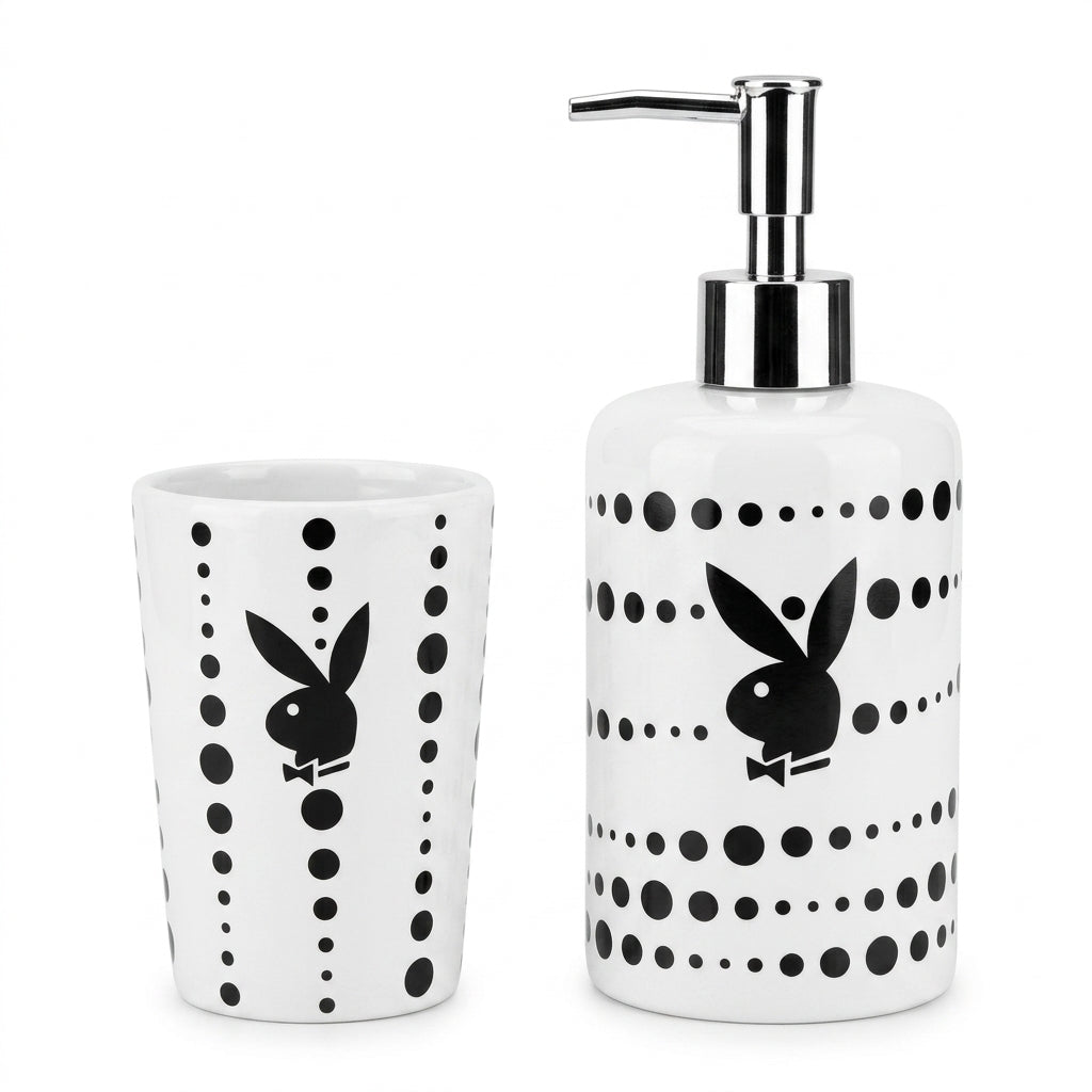 Rare Vintage Playboy Soap Dispenser & Cup Bath Set, Polka Dot, Black Bunny Head