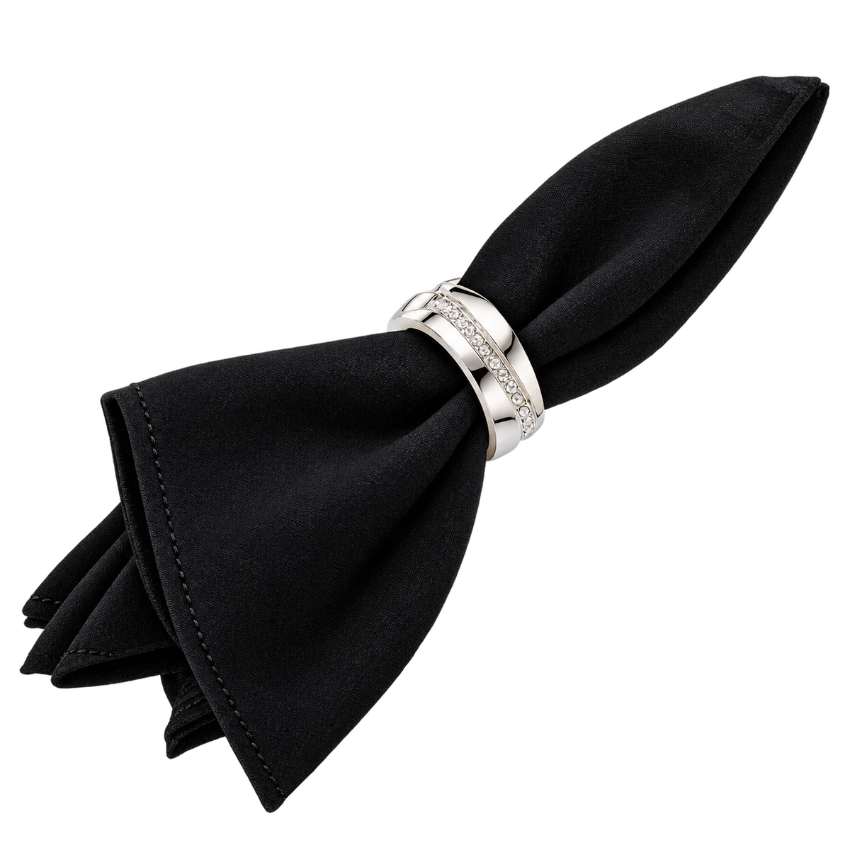 Rhinestone Silver Napkin Ring & Black Linen Set