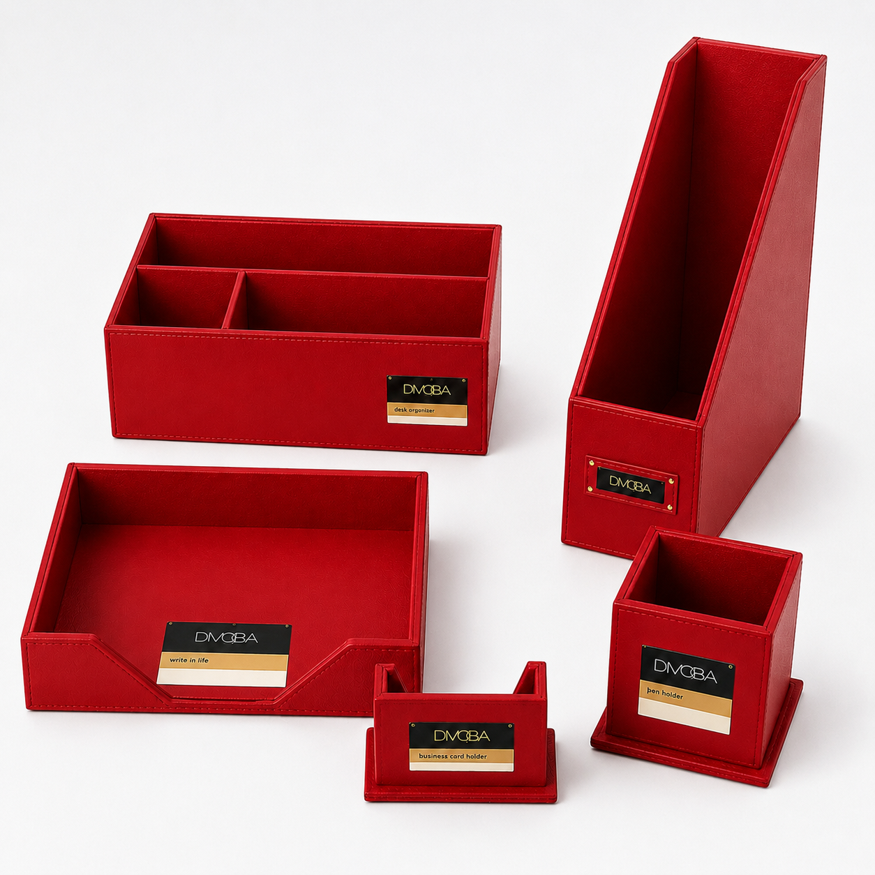 Red Leather Desk Organizer Set