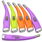 Refillable flexible-neck gas lighter sticks in purple, lime green, and orange colors.