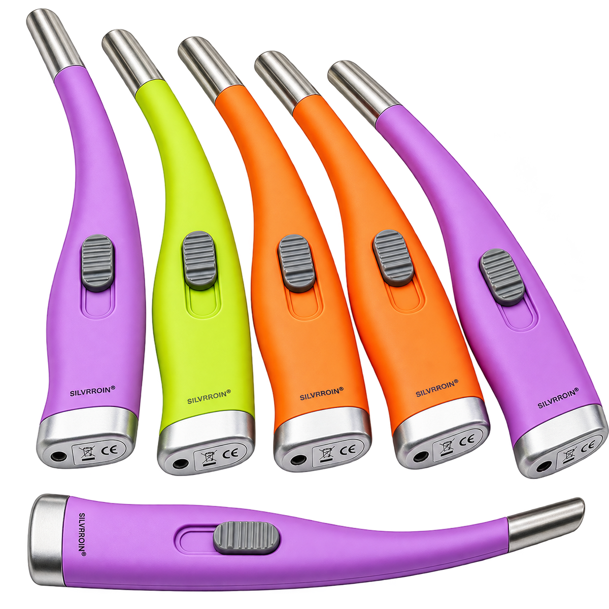 Refillable flexible-neck gas lighter sticks in purple, lime green, and orange colors.