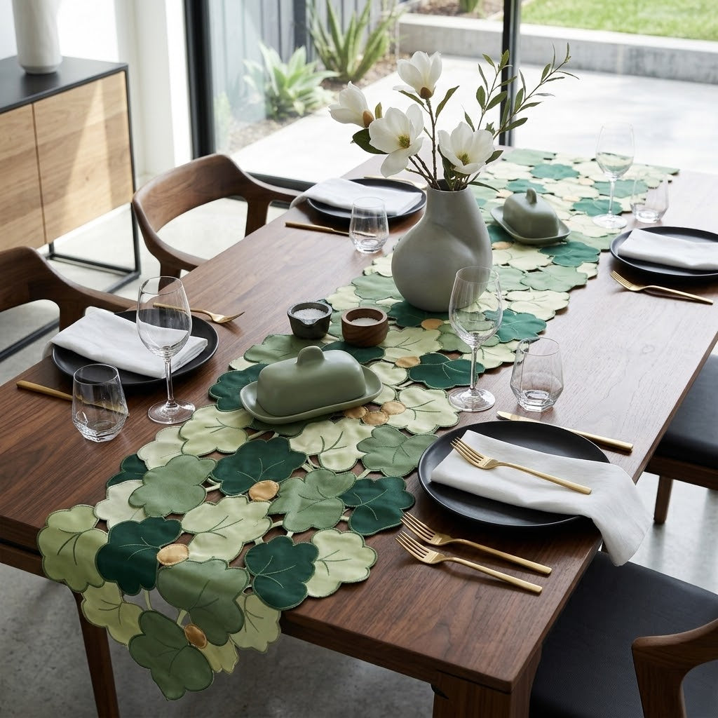 Lillian Vernon green and gold leaf-patterned fabric table runner
