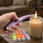 Refillable flexible-neck gas lighter sticks in purple, lime green, and orange colors.