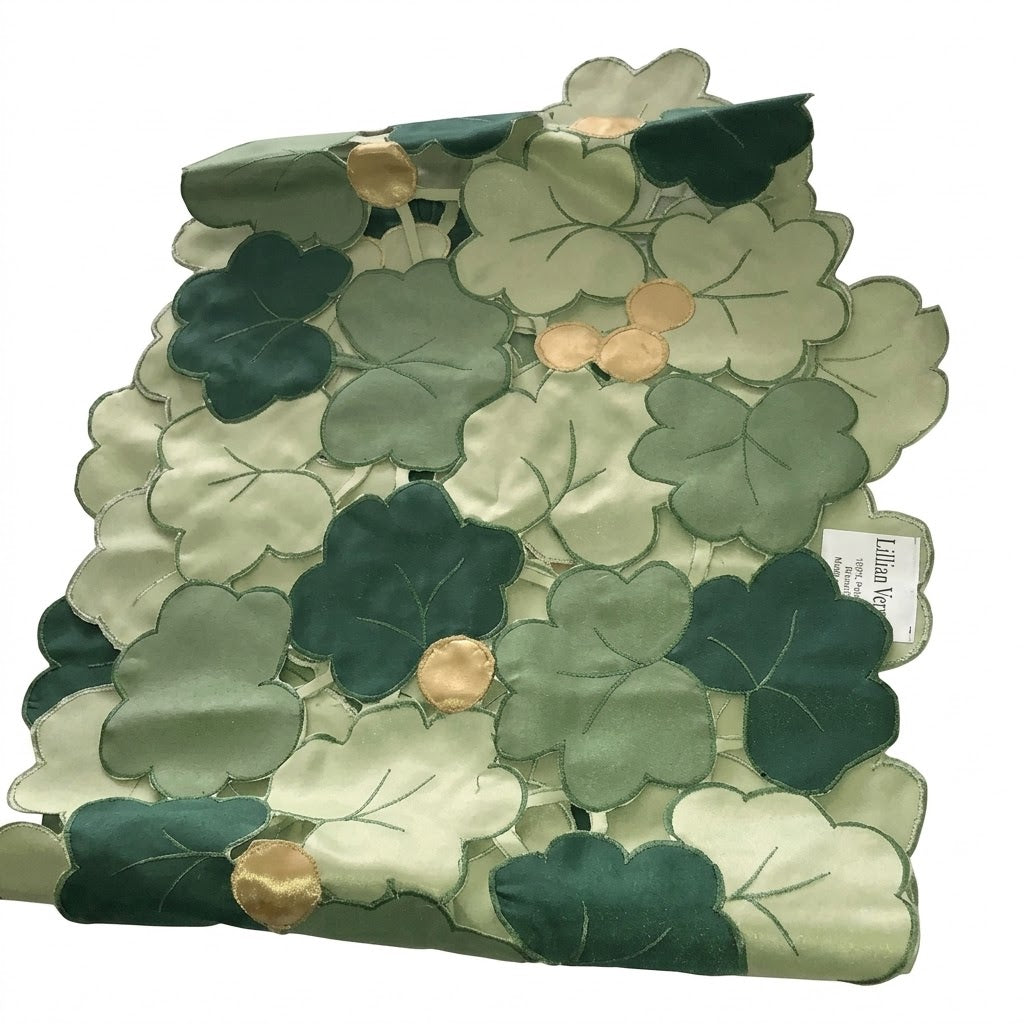 Lillian Vernon green and gold leaf-patterned fabric table runner