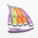 Refillable flexible-neck gas lighter sticks in purple, lime green, and orange colors.