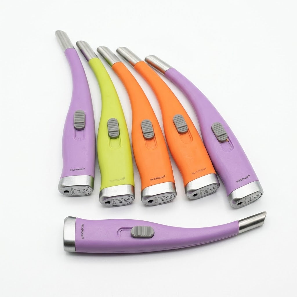 Refillable flexible-neck gas lighter sticks in purple, lime green, and orange colors.