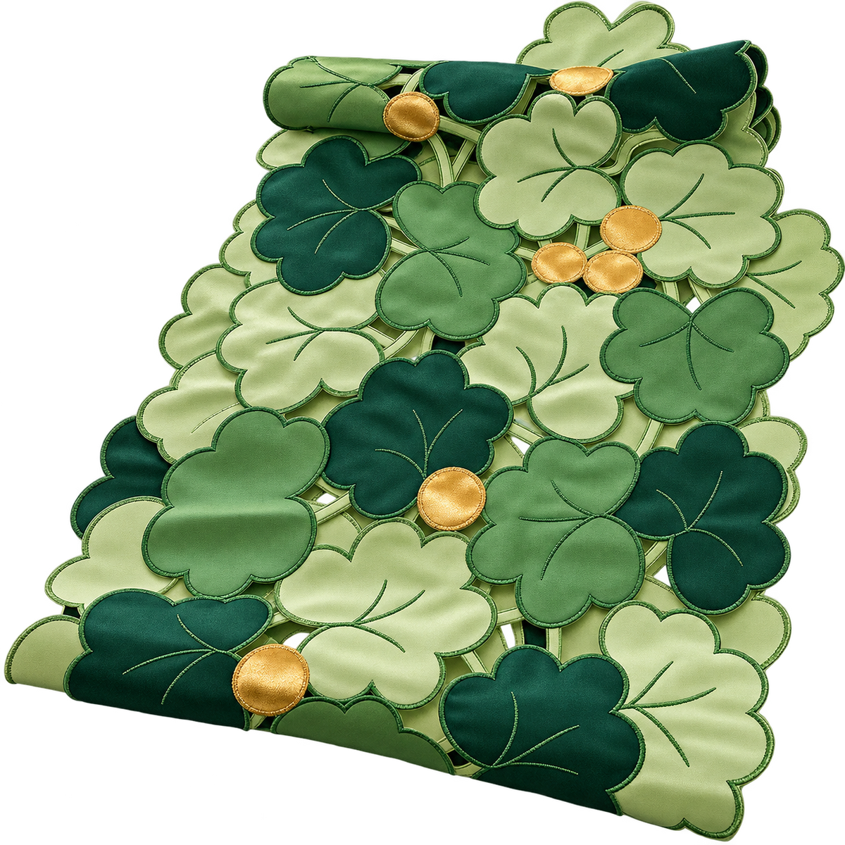 Lillian Vernon green and gold leaf-patterned fabric table runner